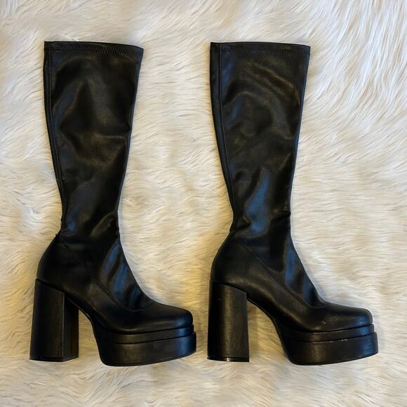Steve Madden Ella Boots Knee High Platform Faux Leather Block Heeled. Black - Picture 11 of 13